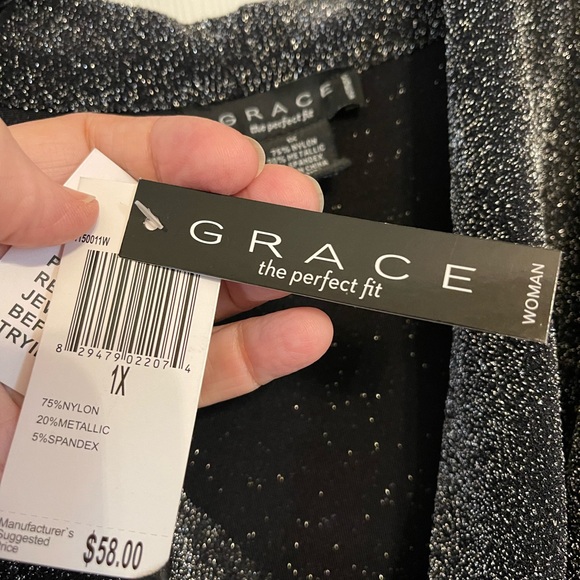 Grace the perfect fit Long Sleeve Silver Black Metallic Blouse 1X - Picture 6 of 7